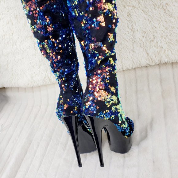 Blue Iridescent Sequin Thigh High 6" Heel Slouch Boots RESTOCKED 3004 - Picture 3 of 14
